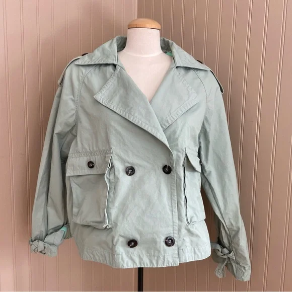 Anthropology Mint Green/Light Turquoise Cropped Trench Jacket Women’s L - Picture 4 of 9
